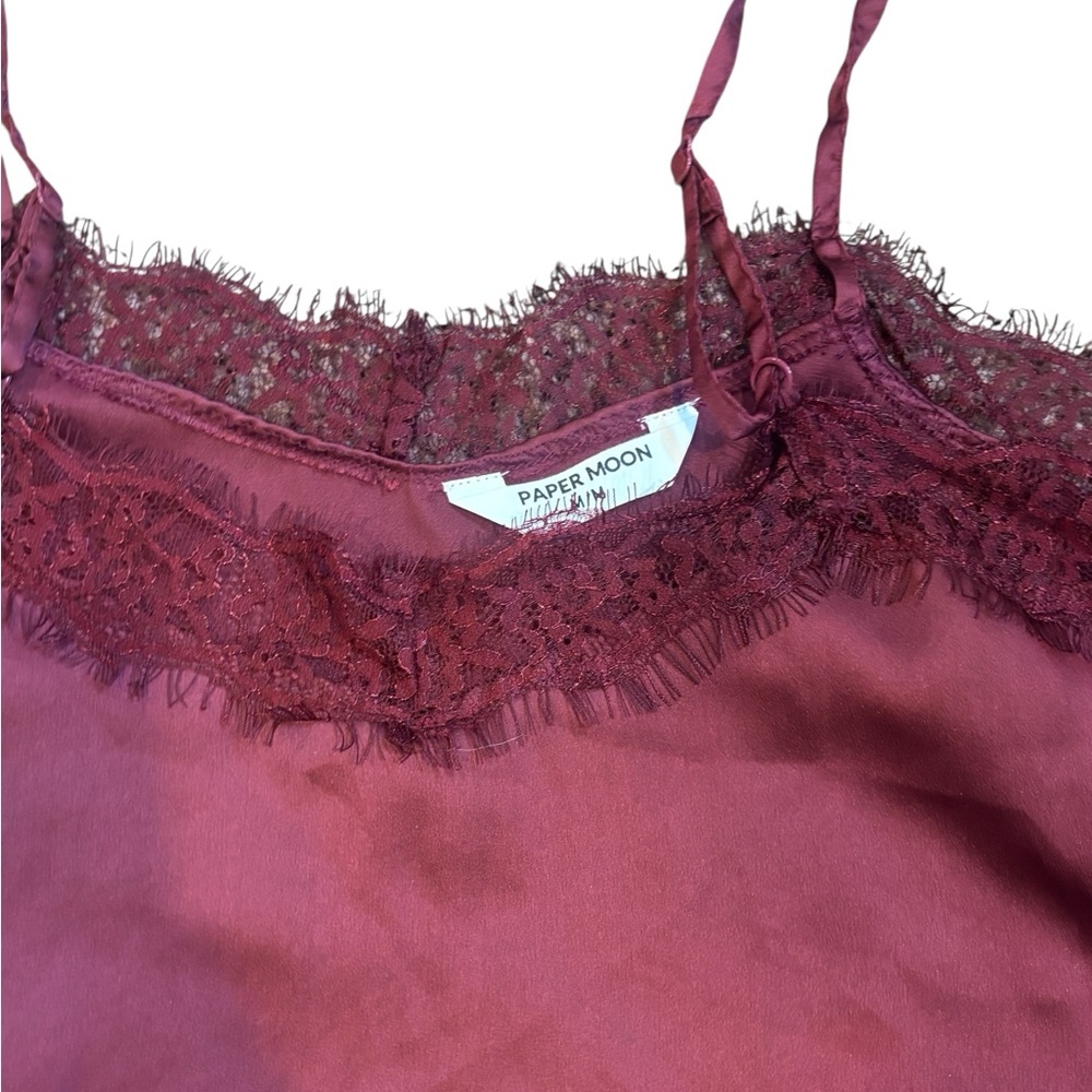 Paper Moon Satin Lace Cami & Shorts Set Burgundy TOP size medium bottoms Size L